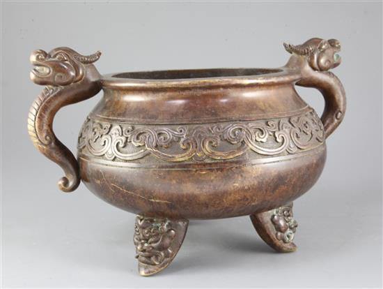 A very large Chinese bronze ding censer, Xuande mark, width 39cm height 24.5cm weight 8.49kg